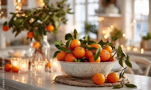 Bright Orange Fruits Arranged in a Bowl on a Table Surrounded by Warm Lights ...