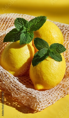 Fresh Lemons With Mint Leaves in a Net Bag on a Bright Yellow Background