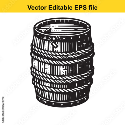 Vector drawing of an old wooden barrel with rope