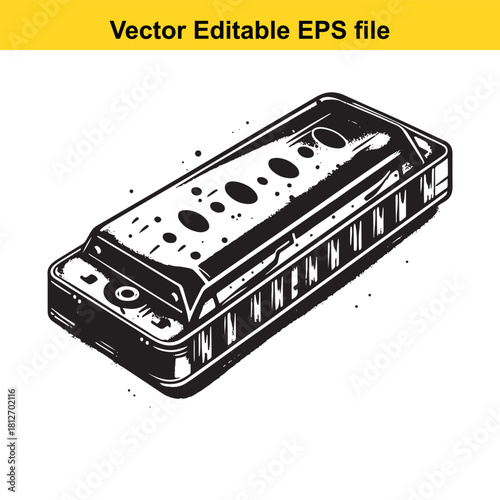 Black and white drawing of a harmonica isolated on
