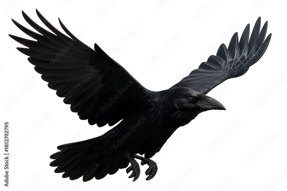 Fototapeta premium Black raven flying with wings spread, symbolizing freedom, mystery, and dark nature, transparent background