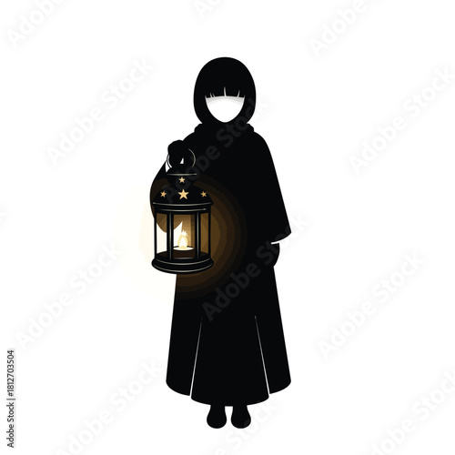 A mysterious figure in a black hooded cloak holding a glowing lantern with a candle inside.