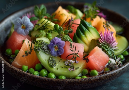 Fresh Cucumber Salad With Edible Flowers Served in a Dark Bowl