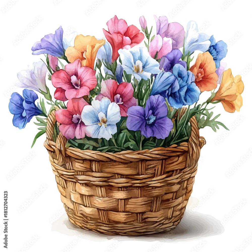 Obraz premium A Freesia Flower Basket, watercolor illustration vector, isolated on a white background.