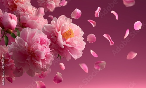 Beautiful Pink Peonies With Delicate Petals Floating in the Air During a Sere...