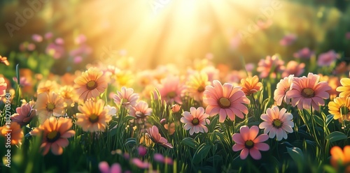 Colorful Flowers Bloom in a Sunny Meadow During the Golden Hour of Late After...