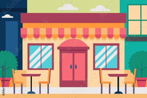 Vector illustration of a modern house and cafe interior featuring wooden furniture with a dining table and chairs near a window for home kitchen or restaurant decor design