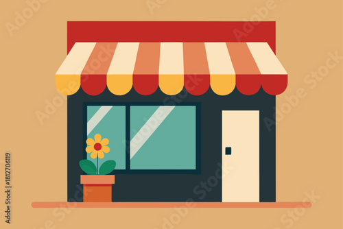 Vector illustration of a charming shop facade featuring a store window with flowers and a classic door design for a city cafe or retail business