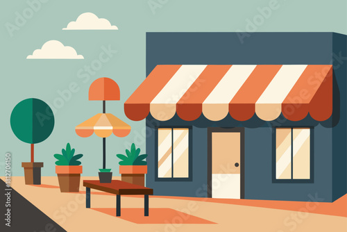 A vibrant cartoon illustration of a summer cafe facade with a table, chairs, and an umbrella, featuring a flat vector design suitable for a shop or restaurant exterior on a beach or city street