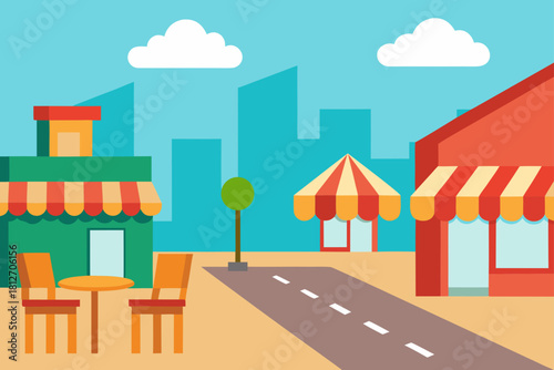 An artistic cartoon illustration of a vibrant urban landscape featuring a city street scene with modern office buildings, houses, and trees under a cloudy sky