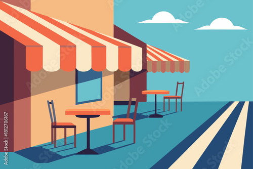Modern wooden furniture sets a stylish interior for a summer cafe on the beach and a restaurant along the city street architecture featuring outdoor dining chairs and tables for a holiday