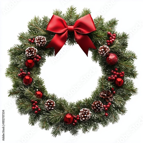 Decorative Christmas Wreath With Red Bow, Ornaments, and Pine Cones