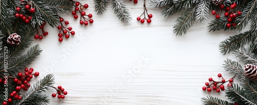 Festive Arrangement of Pine Branches and Red Berries on a Light Background fo...