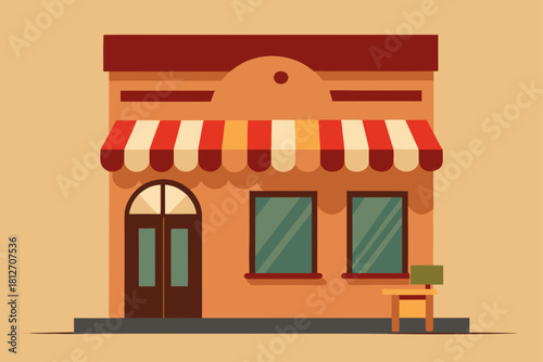 Cartoon vector illustration of a city building exterior featuring a modern house design with a shop window and front door for a business or cafe on a town street
