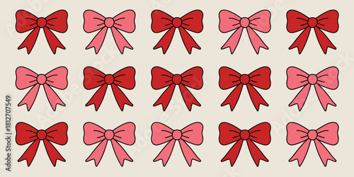 A pattern of fifteen red and pink bows arranged in a grid on a cream colored background illustration