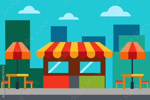 Vector illustration of a modern house and city shop building icon featuring a cartoon store window design with an umbrella and door for urban business and real estate architecture