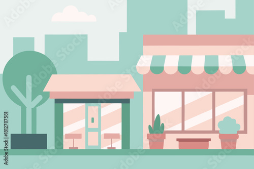 Modern vector illustration of a city building and home interior design featuring a cartoon shop window with furniture and flowers on a town street