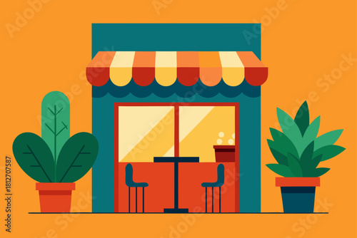 Vector illustration of a retail shop facade and residential house exterior featuring windows with flowers, a business awning, and charming architectural design for a city street cafe or store