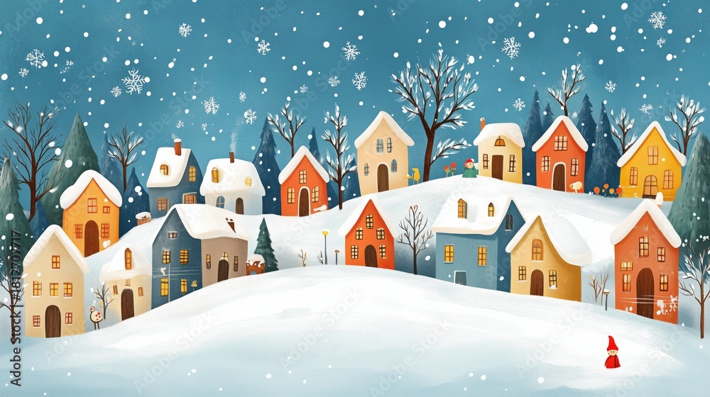Fototapeta premium Colorful Winter Houses and Trees in a Snowy Landscape Under a Clear Sky