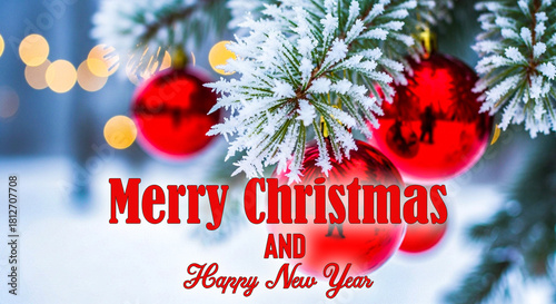 Red Christmas Ornaments on Frosted Pine Branch – Winter Macro Photography