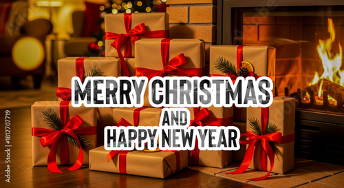 Vintage Christmas Gifts by Fireplace – Cozy Warm Holiday Atmosphere