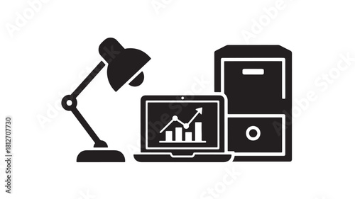 Workspace icon with laptop lamp and file cabinet simple flat vector illustration for office and business concepts isolated on white background