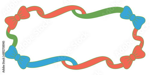 A decorative frame with red orange green and blue ribbons and bows on a white background for text box