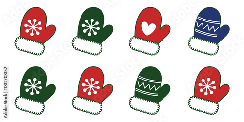 A collection of winter mittens in red green and blue with various patterns on a white background