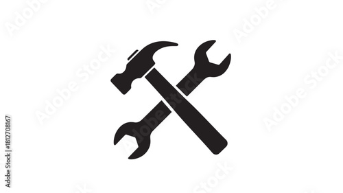 Hammer and wrench crossed icon simple flat vector glyph isolated on white background for construction and repair services