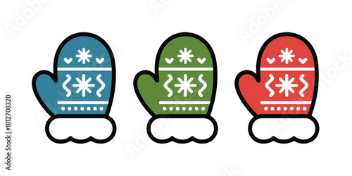 Three mittens in blue green and red with snowflake patterns and white fluffy trim on a white backdrop