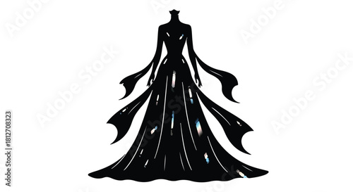 Elegant silhouette of a flowing black gown with shimmering embellishments, perfect for formal events.