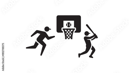 Set of sport icons vector glyph design of basketball player and baseball batter isolated on white background