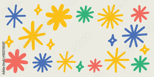 A frame of colorful hand drawn stars and diamond shapes on a white background with empty space in the center