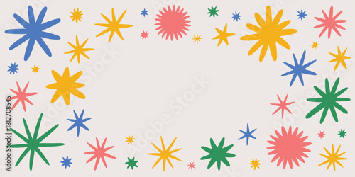 Colorful starburst border with blue yellow green and pink stars on a light beige background forming a frame
