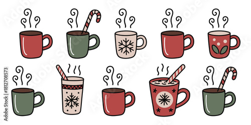 A collection of ten mugs filled with hot beverages and christmas themed decorations on a white background