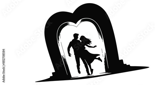 Silhouette of a couple embracing and running through a dramatic heart-shaped archway