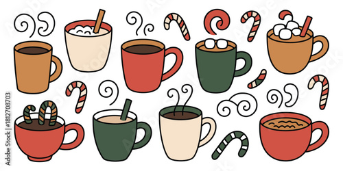 Various mugs of hot drinks with marshmallows and candy canes on a white background illustrated design