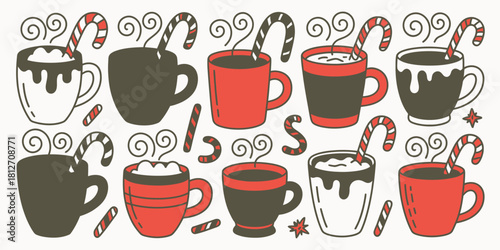 Festive mugs with candy canes and steam in a pattern of red and black on a white background design art