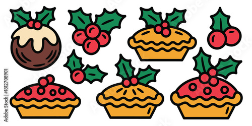 A christmas themed illustration featuring pudding, pies, and holly berries on a white background