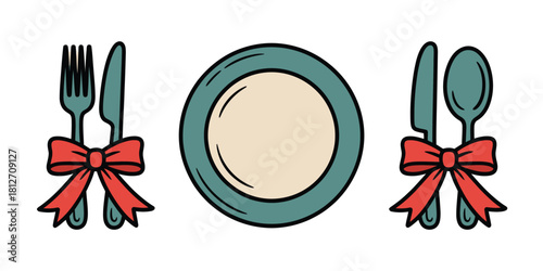 A cartoon image showing a plate with a fork and knife on one side and spoon and knife on the other side