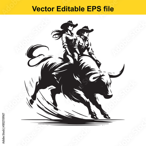 Two cowgirls riding a bucking bull vector art