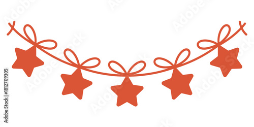 A festive garland of five orange star shapes hanging from a string with tied bows on a white background