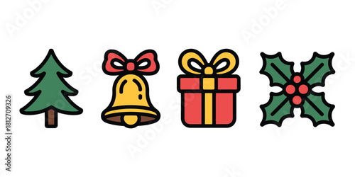 A christmas themed icon set featuring a tree bell gift and holly on a white background flat design