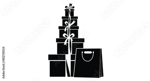 Stack of elegantly wrapped gift boxes tied with ribbon and a shopping bag