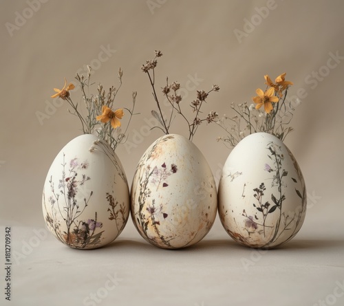 Decorative Eggs With Flowers on a Neutral Background Create a Calm Spring Atm...