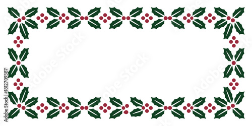 A christmas frame featuring holly leaves and berries arranged around a rectangular white space area