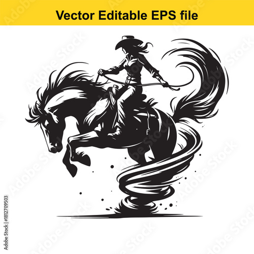 Silhouette of cowgirl riding bucking wild horse