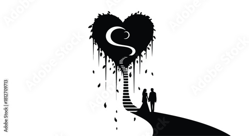 Couple walks toward a heart-shaped tree with a winding path and stairs