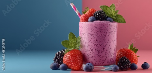 Refreshing Berry Smoothie Served With Fresh Fruits on a Vibrant Background
