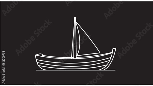Minimalist sailboat illustration simple line art vector design isolated on black background